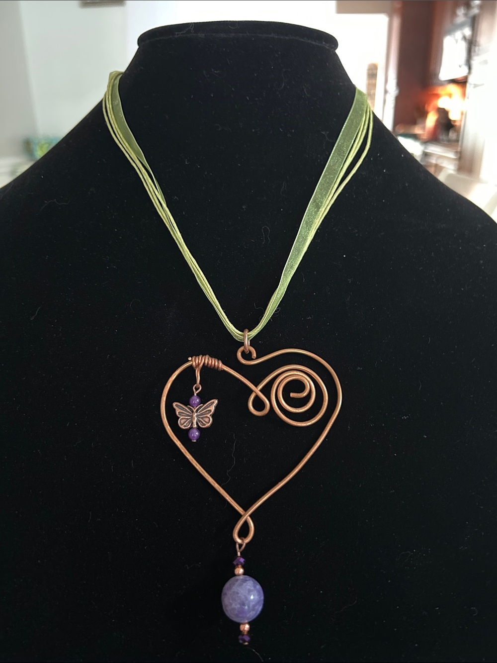 Copper Heart Pendant Necklace with Purple Accents on Green Ribbon